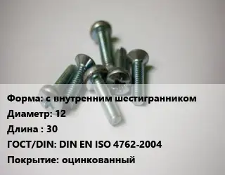 Винт с внутренним шестигранником 12х30 DIN EN ISO 4762-2004 оцинкованный